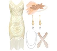 Mukum Robe garçonne des années 1920 sans manches à col en V pour femme avec ensemble d'accessoires des années 20, tenues des années 1920 pour femmes, beige, taille XS