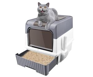 MUL-BOUTIQUE Bac à Litière pour Chat Texturé Mat, Pliable avec Couvercle, Fermé, WC avec Pelle, 2 Ouvertures 49 * 35 * 37cm (Gris)