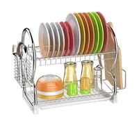MUL-BOUTIQUE Egoutoire Vaisselle Cuisine INOX, Grande Capacité Égouttoir à Vaisselle Cuisine à 2 Niveaux, avec Bac Récupération Amovible et Crochets pour Tasses et Porte-ustensiles