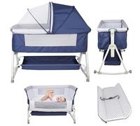 MUL-BOUTIQUE Lit Cododo Bebe avec Roues,Berceau Bébé Evolutif,Côté Repliable,4 Niveaux de Réglage de La Hauteur,Facile à Assembler,Equipé de Moustiquaire (Bleu Marine, 98-110 cm Six Niveaux,2-en-1)