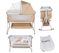 MUL-BOUTIQUE Lit Cododo Bebe avec Roues,Berceau Bébé Evolutif,Côté Repliable,4 Niveaux de Réglage de La Hauteur,Facile à Assembler,Equipé de Moustiquaire (Blanc cassé, 98-110 cm Six Niveaux,2-en-1)