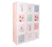 MUL-BOUTIQUE Meuble Rangement Enfants 12 Cubes, Armoire De Chambre Enfant De Bricolage Modulaire, Modèle De Dessin Animé De Armoire Bébé avec Portes Et 2 Tringles à Vêtements (Rose,110 * 37 * 145cm)