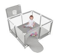 MUL-BOUTIQUE Parc Bébé Modulable et Pliable, Aire de Jeux Avec Support de Basket et 50 Ballons, Structure Stable et Facile à Installer (Gris Clair, 126x126cm)