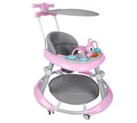 MUL-BOUTIQUE Trotteur Bébé Réglable 5 Positions avec Auvent et Rotation 360°, Chariot de Marche Pliable,Jouets Musicaux Amusants avec Repose-Pieds (Rose)