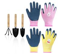 Mulaibdin 2 Paires Gants Jardinage Enfant, Gants de Travail Latex, Gant Jardinage Anti Epine avec 3 Outillage de Jardin pour Enfants, Gants Jardinage Ronces pour Fille & Garcon (3-7 Ans A)