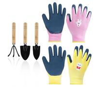 Mulaibdin 2 Paires Gants Jardinage Enfant, Gants de Travail Latex, Gant Jardinage Anti Epine avec 3 Outillage de Jardin pour Enfants, Gants Jardinage Ronces pour Fille & Garcon (5-9 Ans A)