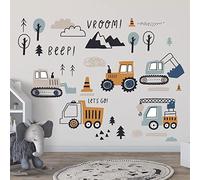 Mulaibdin 37 Pièces Stickers Muraux Enfants, Decoration Chambre Bebe Garcon, Autocollant Mural Enfant, Déco Chambre Stickers Voiture,tracteur,Cars,Grue,Bulldozer, Excavatrice,Camion(Tapez C)