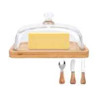 Mulaibdin Beurrier en verre et bois - Cloche à fromage rectangulaire avec couvercle hermétique - Beurrier en bambou avec couteau à beurre, cuillère, fourchette, couvercle en verre pour réfrigérateur