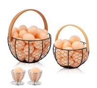Mulaibdin Lot de 2 corbeilles à œufs en fil métallique avec anse - Style vintage - Avec coquetier - Rond - En métal - Pour fruits, légumes, ferme, cuisine - Noir