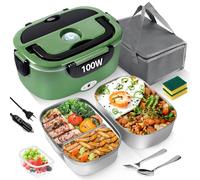 MULBEVD Lunch Box Chauffante Électrique 100W, 3 en 1 Portable, Gamelle Chauffante en Acier Inoxydable avec 2 Boîtes Amovibles, 12V/24V/220V pour Voiture, Camion et Bureau (Vert et Noir, 1,5 L)