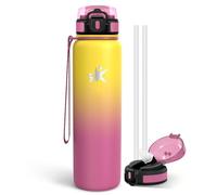 Mulbijeo Bouteille Isotherme 1 L, Bouteille d'Eau en Acier Inoxydable, Double Paroi Gourde, Étanche, Gourde Inox avec Paille, Pour le Sport, École, Fitness, Gym, Jaune & Rouge rose