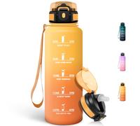 Mulbijeo Gourde, 1.5L Bouteille, Gourde Sport avec Paille, Gourde Motivation avec Marqueur de Temps, Bouteille d'eau, Étanche, Bouteille d'eau pour Randonnée, Camping, Jaune ambre & orange