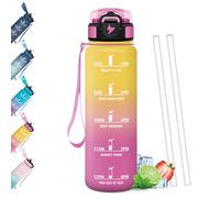 Mulbijeo Gourde 1L, Étanches, Bouteille d'eau, Portable, Gourde Avec Paille, Échelle de Temps et Slogans de Motivation, Bouteille Sport pour Fête, Ecole, Cyclisme, Camping, Sport, Yoga