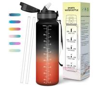 Mulbijeo Gourde 1L, Étanches, Bouteille, Réutilisable, Gourde Avec Paille, Échelle de Temps et Slogans de Motivation, Bouteille d'eau Sport pour Fête, Ecole, Cyclisme, Plein air, Sport