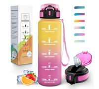 Mulbijeo Gourde 1L, Étanches, Gourde Avec Paille, Réutilisable, Bouteille d'eau, Échelle de Temps et Slogans de Motivation, Bouteille Sport pour Gym, Ecole, Cyclisme, Plein air, Sport