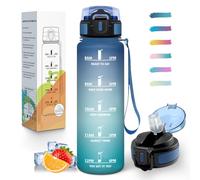 Mulbijeo Gourde 1L, Étanches, Gourde Avec Paille, Réutilisable, Bouteille d'eau, Échelle de Temps et Slogans de Motivation, Bouteille Sport pour Gym, Ecole, Cyclisme, Plein air, Sport