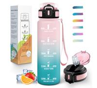 Mulbijeo Gourde 1L, Étanches, Gourde Avec Paille, Réutilisable, Bouteille d'eau, Échelle de Temps et Slogans de Motivation, Bouteille Sport pour Gym, Ecole, Cyclisme, Plein air, Sport