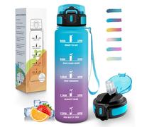 Mulbijeo Gourde 1L, Étanches, Gourde Avec Paille, Réutilisable, Bouteille d'eau, Échelle de Temps et Slogans de Motivation, Bouteille Sport pour Gym, Ecole, Cyclisme, Plein air, Sport