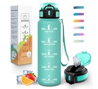 Mulbijeo Gourde 1L, Étanches, Gourde Avec Paille, Réutilisable, Bouteille d'eau, Échelle de Temps et Slogans de Motivation, Bouteille Sport pour Gym, Ecole, Cyclisme, Plein air, Sport