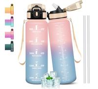 Mulbijeo Gourde 1l, Étanches, Gourde Paille, sans BPA & Réutilisable, Bouteille, Motivation Bouteille d'eau, Avec Marqueur de Temps, Gourde Sport pour Gym, Ecole, Cyclisme, Plein air, Sport