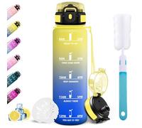 Mulbijeo Gourde 1L, Sans BPA, Gourde de Sport Étanche avec Repères Horaires, Brosse pour Bouteille, Réutilisable, pour Course, Gym, École, Bureau
