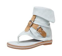 Mule Femme Été Confortable Chaussons Ete Commerce extérieur transfrontalier sandales d'été Denim cuir boucle de ceinture couleur contraste pince orteil Mules Femme Été Chaussures Ete (White 42)