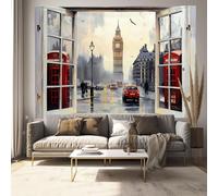 MULERN 100x75cm Tapisserie 3D Cadre De Fenêtre Tenture Murale Art, Londres Rue 3D Effet Décoration Murales, Microfibres Paysage Tapisserie Pour Chambre Dortoir Fête, Rouge grisâtre