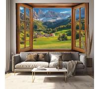 MULERN 150x100cm Tapisserie Fenêtres Paysages Tenture Murale Art, Collines Villages 3D Effet Décoration Murales, Microfibres Paysage Tapisserie Pour Chambre Dortoir Fête, Bleu-vert