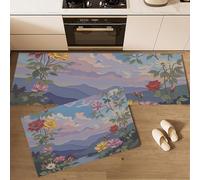 MULERN 2 pièces Tapis Cuisine Paysages Fleurs Roses Marguerites Montagnes, Tapis de Cuisine Lavable, Absorbe l'eau et l'huile Paillasson, pour Couloir, Salle à Manger, Entrée, 50x80cm+50x150cm