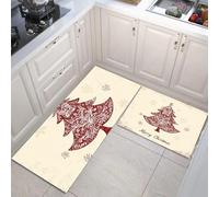 MULERN 2 Pièces Tapis de Cuisine, Antidérapant Absorbent Lavable, Ensemble Crème Tapis de Coureur, Tradition Noël Inde Sapin De Noël Imprimé Paillasson de Cuisine, 40x60cm+40x120cm