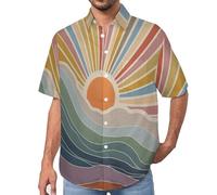 MULERN Chemise Décontractée à Manches Courtes pour Homme avec Imprimé Affiche Rétro Soleil À Lignes Ondulées, Mode Bouton vers Le Bas Lapel Blouses pour des Tenues de Printemps