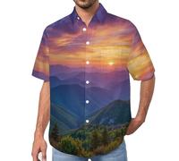 MULERN Chemise Décontractée à Manches Courtes pour Homme avec Imprimé Montagnes Au Lever du Soleil Paysage Naturel, Mode Bouton vers Le Bas Lapel Blouses pour des Tenues de Printemps