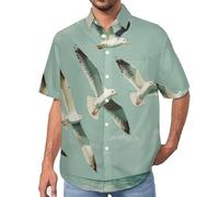 MULERN Chemise Décontractée à Manches Courtes pour Homme avec Imprimé Mouettes en Vol Affiche Rétro, Mode Bouton vers Le Bas Lapel Blouses pour des Tenues de Printemps