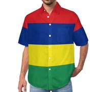 MULERN Chemise Hawaïenne Homme Manches Courtes Imprimé Île Maurice Drapeau, Chemise Été Légère Décontractée Boutonnée pour Plage Vacances Style Patriotique