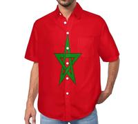 MULERN Chemise Homme Manches Courtes 3D avec Imprimé Maroc Drapeau Patriotique, Chemise Aloha Été, Plage Légère Facile d’Entretien S-7XL