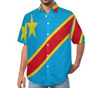 MULERN Chemise République démocratique du Congo Drapeau avec Boutonnière - Chemise Hawaïenne pour Homme - Manches Courtes - Imprimé - Chemises de Plage Décontractée pour Adulte