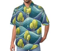 MULERN Chemise Vagues Groupes D'Arbres avec Boutonnière - Chemise Hawaïenne pour Homme - Manches Courtes - Imprimé Peinture Artistique - Chemises de Plage Décontractée pour Adulte