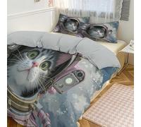 MULERN Housse de Couette 140x200cm Ado Adulte - Parure de Lit Rêveur Animal Astronaute Chat Ensemble de Literie en Microfibre Hypoallergique avec 2 Taies d'oreiller, Bleu Poudre