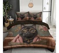 MULERN Housse de Couette 140x200cm Ado Adulte - Parure de Lit Vintage Baignoire Livres Chat Ensemble de Literie en Microfibre Hypoallergique avec 2 Taies d'oreiller, Bronze