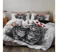 MULERN Housse de Couette 200x200cm Ado Adulte - Parure de Lit Peinture À L'Encre Animal Cœur Rouge Chat Ensemble de Literie en Microfibre Hypoallergique avec 2 Taies d'oreiller, Noir Gris