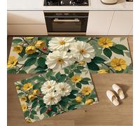 MULERN Lot de 2 Floral Vintage Tapis de Sol Anti-Fatigue pour Décoration de la Maison et du Bureau - Imperméables, antidérapants et Confortables (Fleurs Jaunes Feuilles Vertes, 50x80cm+50x150cm)