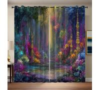 MULERN Lot de 2 Rideau Fleur Coloré, Magie Forêt Fleurs Étang Imprimé 3D Draperies Rideaux Occultants 140L X 225H cm, Isolant Thermique Décoration Rideaux pour Chambre Salon