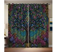 MULERN Lot de 2 Rideau Fleur Coloré, Verre Coloré Fleurs Arbres Imprimé 3D Draperies Rideaux Occultants 132L X 213H cm, Isolant Thermique Décoration Rideaux pour Chambre Salon
