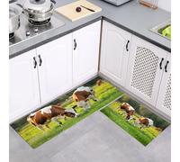MULERN Lot de 2 Tapis de Cuisine Champs Vaches Antidérapants, Faune Tapis de Cuisine Lavable, Absorbe l'eau et l'huile, pour Couloir, Entrée et Tapis de Porte, 40x60cm+40x120cm, Herbe Verte