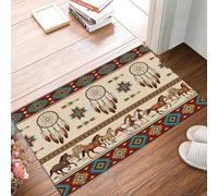 MULERN Paillasson à Cheval Attrape-Rêves Lavable d'intérieur, à Poils Courts, Tapis Style l'art Ethnique Beige Marron, 90x150cm, Pliable Antidérapant, Idéal pour Porte d'entrée Cuisine Patio