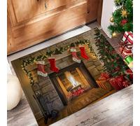 MULERN Paillasson de Ambiance De Noël - Tapis de Bienvenue Flamme Cheminée, Tapis de Porte d'entrée Couleur de la Terre 60x90cm, Paillasson de Sol Antidérapant pour Cuisine et Salle