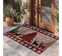 MULERN Paillasson Dessin Noël À La Campagne Tapis Intérieur | Paillasson Décoration Renne Arbre À Damier, Lavable, Tapis Antidérapant Rouge Foncé pour Cuisine Chambre à Coucher - 40x60 cm