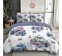 MULERN Parure de Couette Mignon, Luxe Motif Imprimé Monstres Camions Drapeaux Gris Housse Ensemble pour Toute Saison, Parure de lit en Microfibre avec 2 Taies d'oreiller 200x200cm