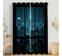 MULERN Rideau Occultant Isolant Thermique, Anti Froid Rideaux Opaque pour Chambre Coucher Salon Architecture Paysage Décor Chambre, Motif Ville Fenêtres, 140L X 175H cm, 2 Panneaux, Bleu foncé