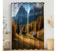 MULERN Rideau Occultant Isolant Thermique, Anti Froid Rideaux Opaque pour Chambre Coucher Salon Paysage d'automne Décor Chambre, Motif Architecture des Pins, 140L X 200H cm, 2 Panneaux, Or
